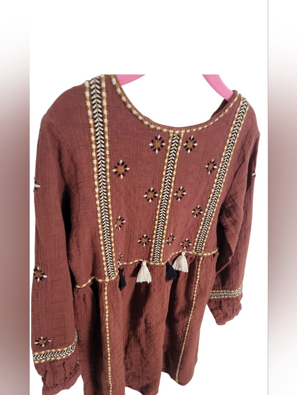 Girls' ZARA Rust Brown Embroidered Tassel Long Sleeve Dress 8